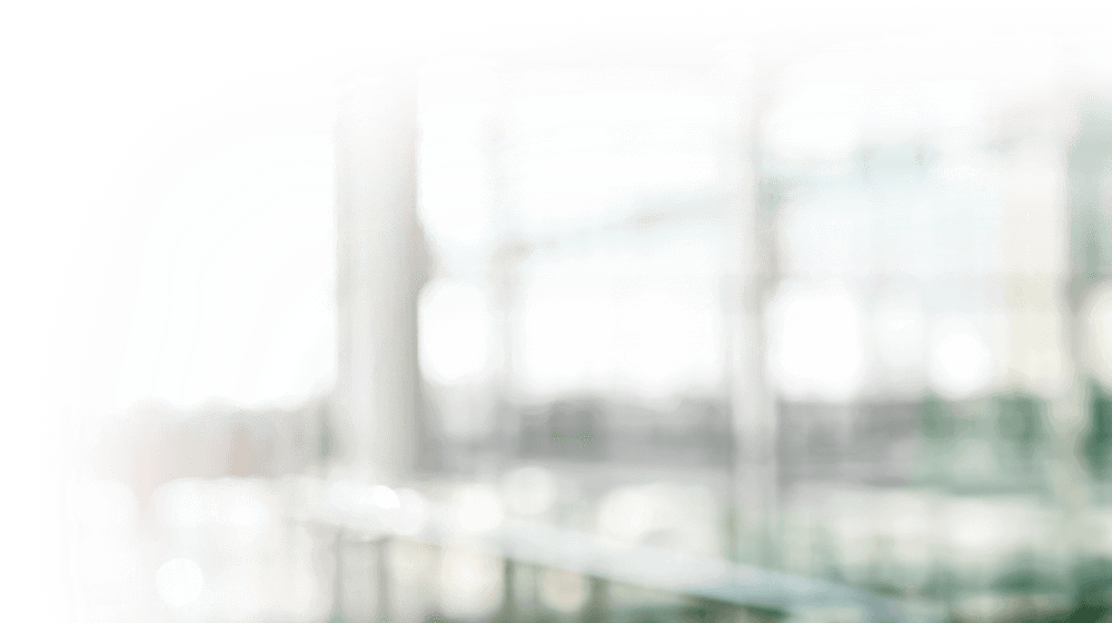 Blurred abstract background with soft white and green tones, likely representing an indoor space with large windows.